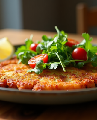 Milanese croustillante avec salade de roquette et tomates cerises