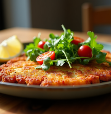 Milanese croustillante avec salade de roquette et tomates cerises