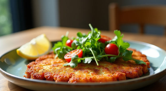 Milanese croustillante avec salade de roquette et tomates cerises