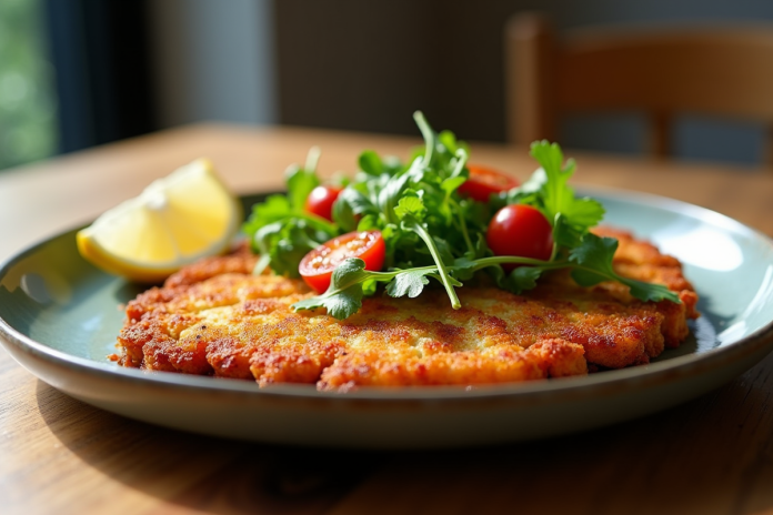 Milanese croustillante avec salade de roquette et tomates cerises