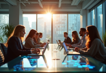Espace de bureau moderne avec équipe diverse en réunion