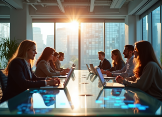 Transformation d’entreprise : définition, enjeux et stratégies adaptées Espace de bureau moderne avec équipe diverse en réunion