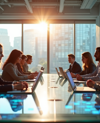 Espace de bureau moderne avec équipe diverse en réunion