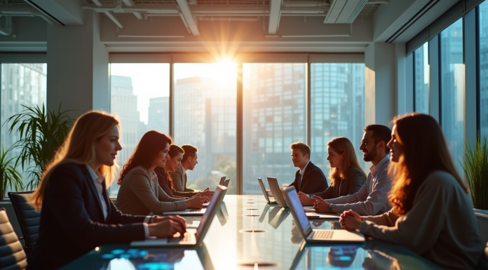 Espace de bureau moderne avec équipe diverse en réunion