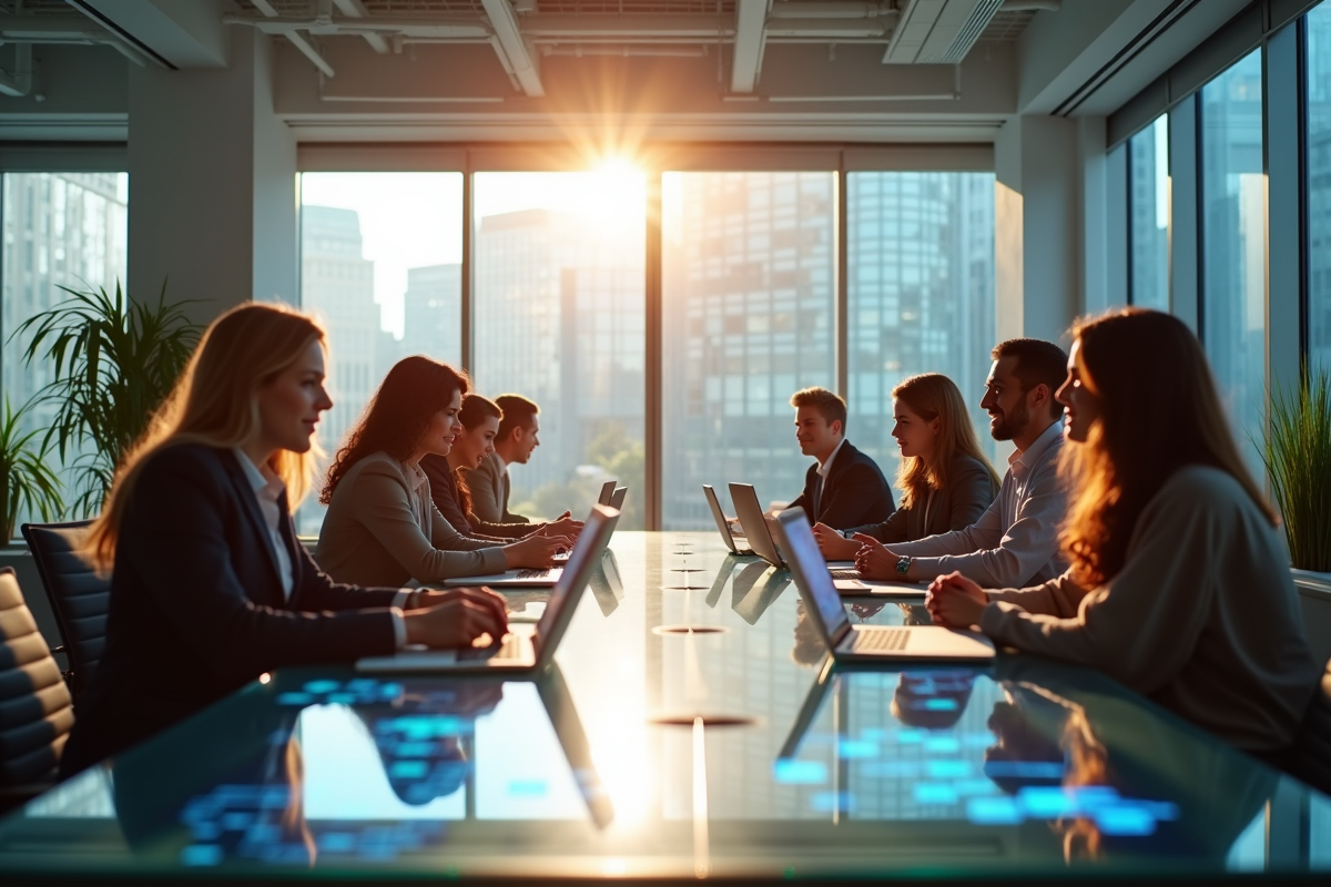 Espace de bureau moderne avec équipe diverse en réunion