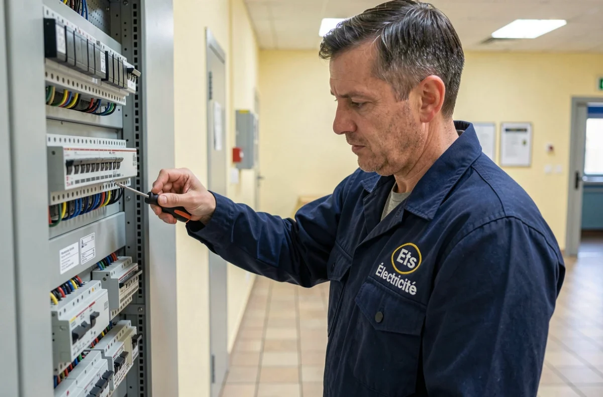 Électricien d'Ets Lefèvre Électricité effectuant la maintenance d'un tableau de distribution dans une salle communale à La Capelle