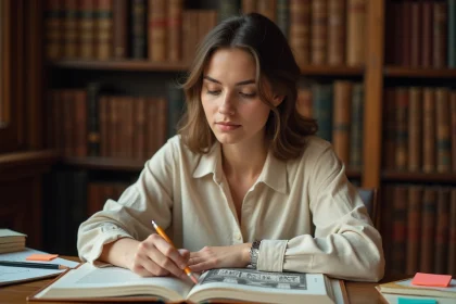 Jeune femme étudiant la mythologie grecque dans une bibliothèque entourée de livres anciens et de notes manuscrites