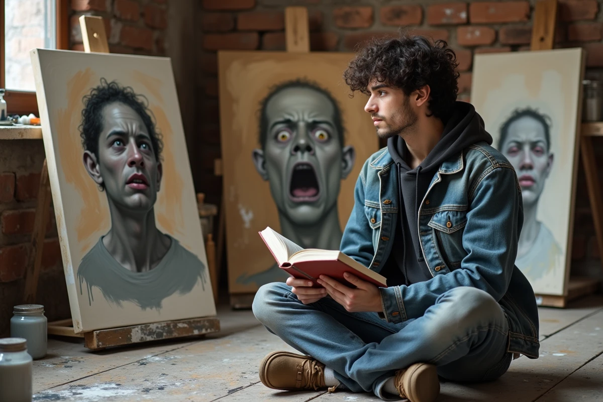Étudiant en art assis dans un atelier encombré de toiles abstraites, explorant la tension entre laideur et beauté artistique