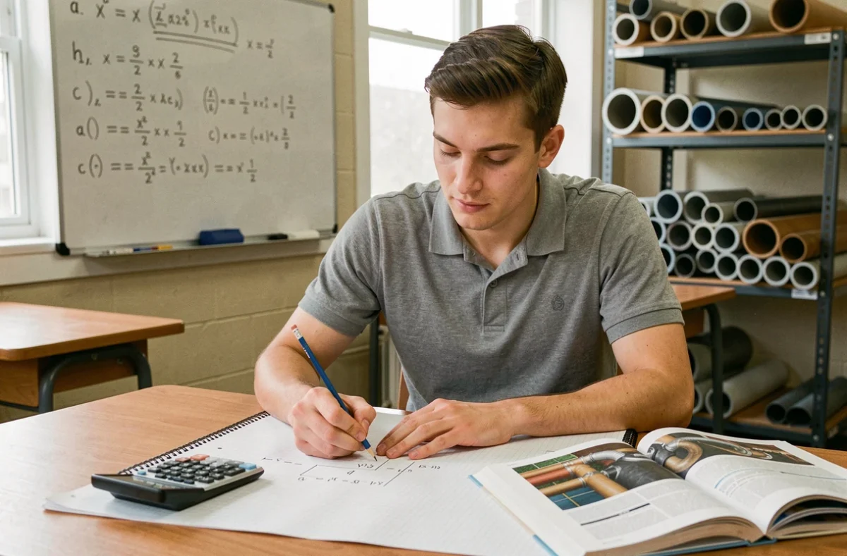 Étudiant en plomberie calculant le volume m3 d'un cylindre avec des formules mathématiques sur un bureau de formation
