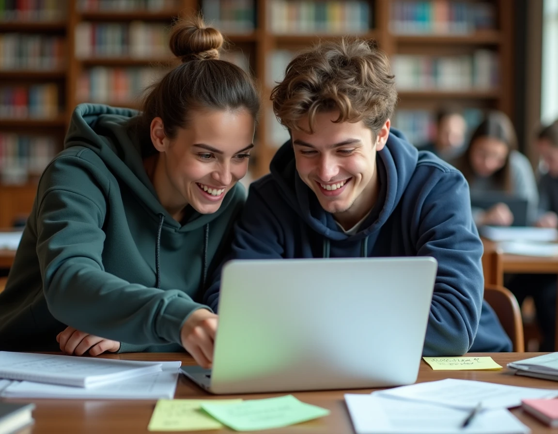 Deux étudiants collaborant sur le jeu Cemantix avec des notes manuscrites de vocabulaire français dans une bibliothèque universitaire