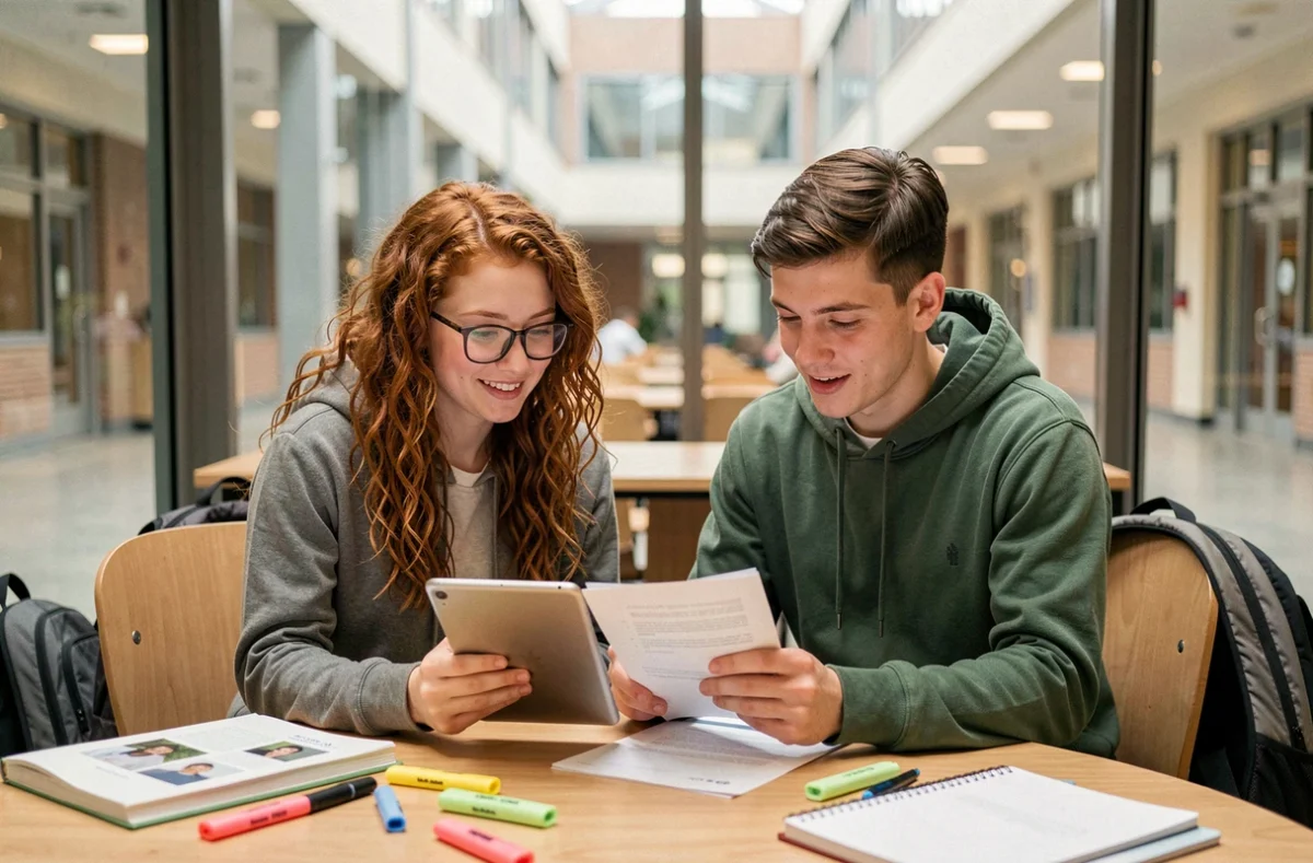 Deux étudiants universitaires vérifiant des informations sur une encyclopédie collaborative en ligne à l'aide d'une tablette et de notes imprimées