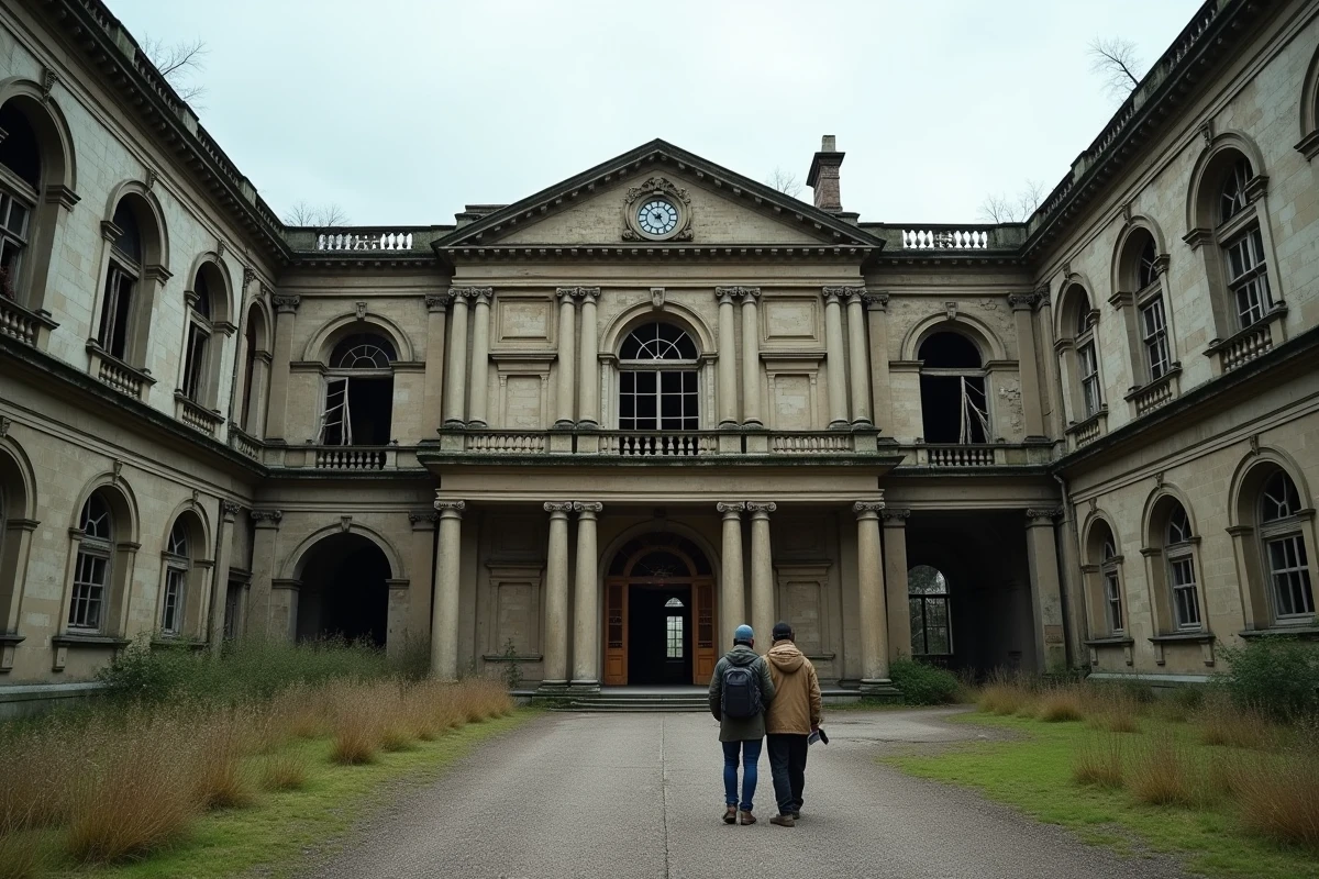 Façade néoclassique imposante d'un hôpital psychiatrique abandonné envahi par la végétation, deux explorateurs urbex devant l'entrée