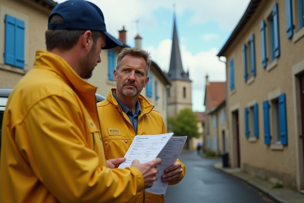 Facteur consultant une feuille de tournée avec des adresses en lieu-dit et BP dans un village français