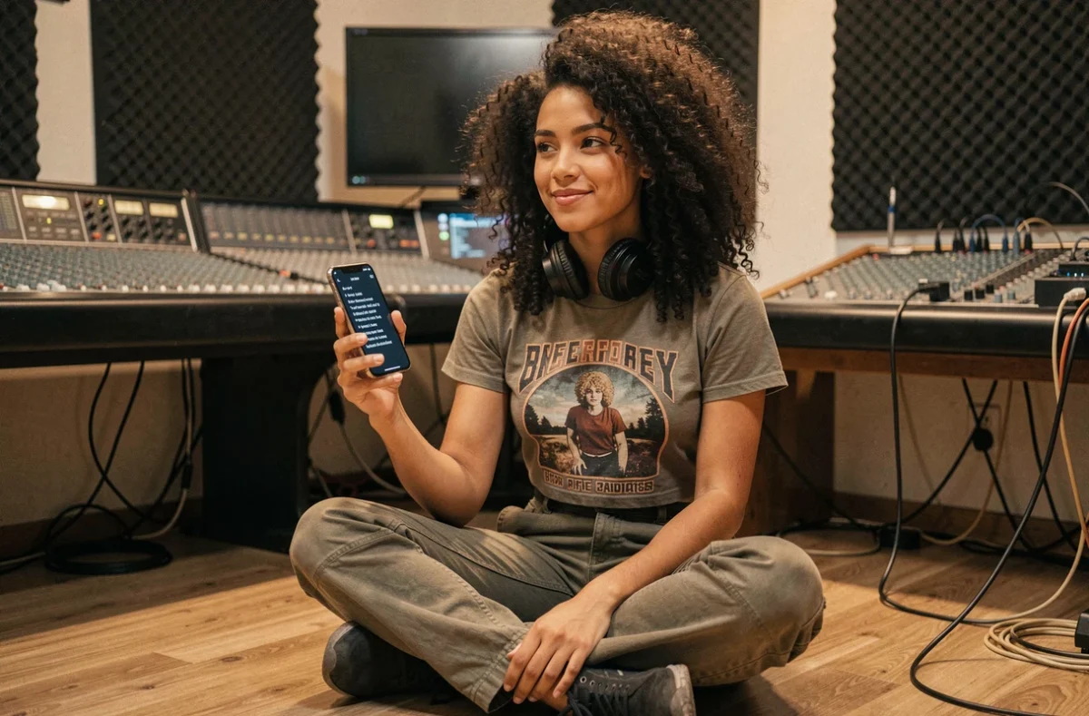 Jeune femme fan de sons urbains analysant des paroles de rap sur son téléphone dans un studio d'enregistrement