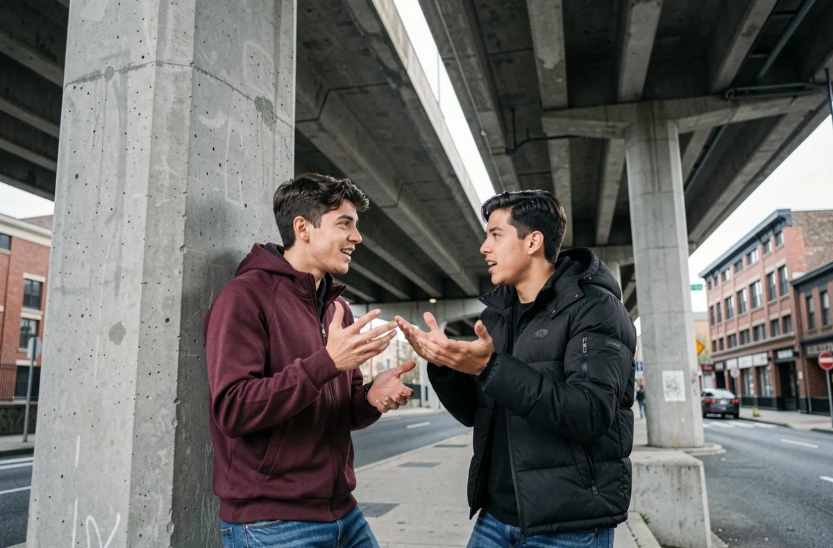 Deux jeunes fans de musique urbaine discutant de références et paroles sous un pont en béton en ville