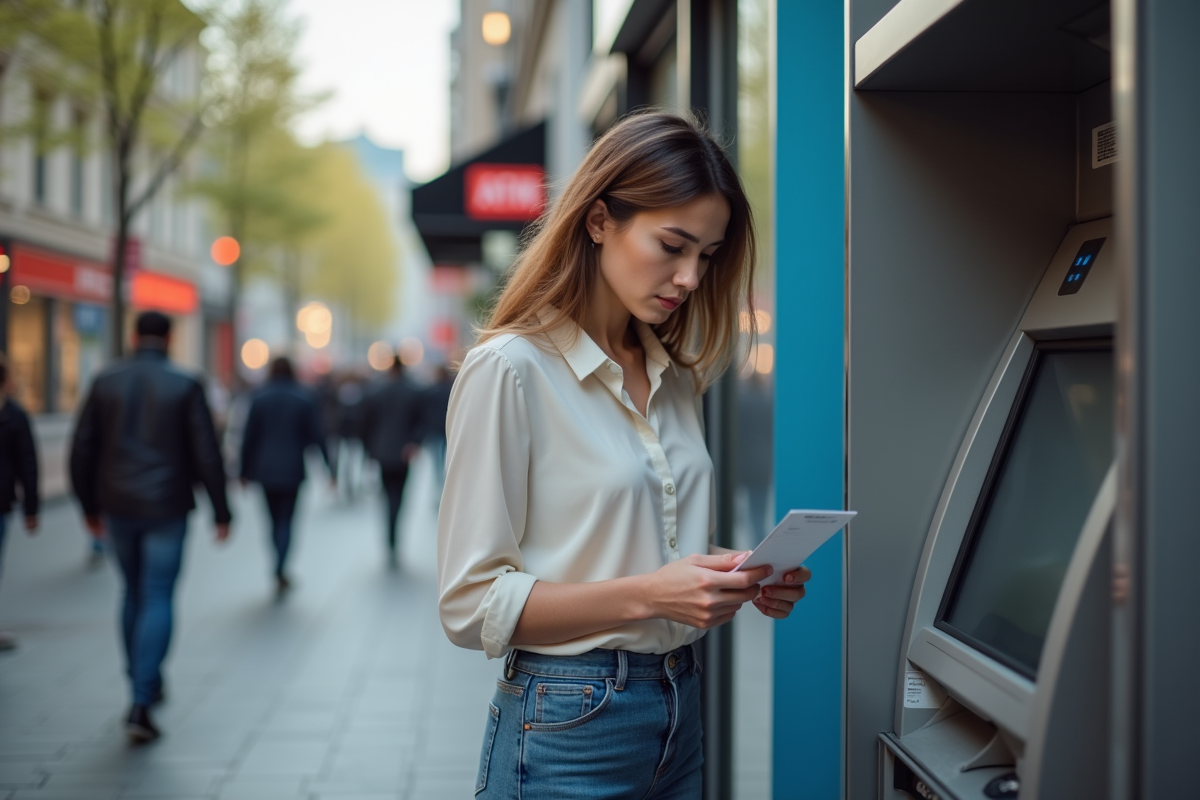 Jeune femme vérifiant son relevé bancaire à un ATM en ville