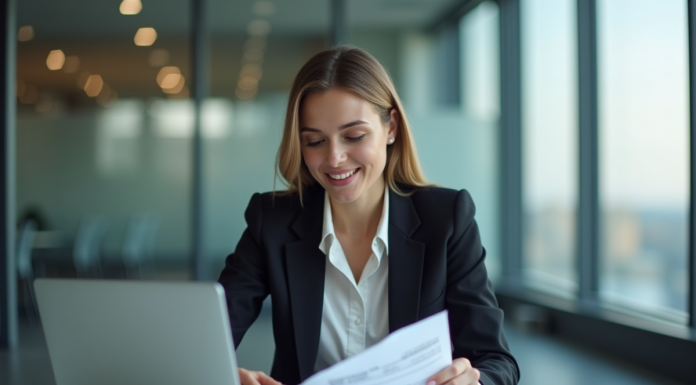 Femme d'affaires souriante en bureau moderne