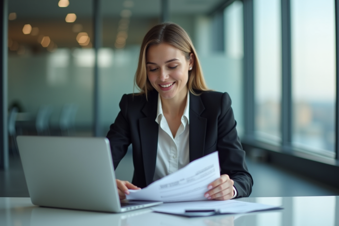 femme-affaires-assurances-bureau Femme d'affaires souriante en bureau moderne