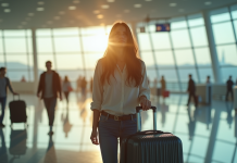 Jeune femme inquiète dans un aéroport avec valise fermée