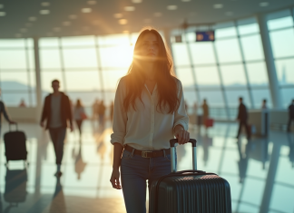 Jeune femme inquiète dans un aéroport avec valise fermée
