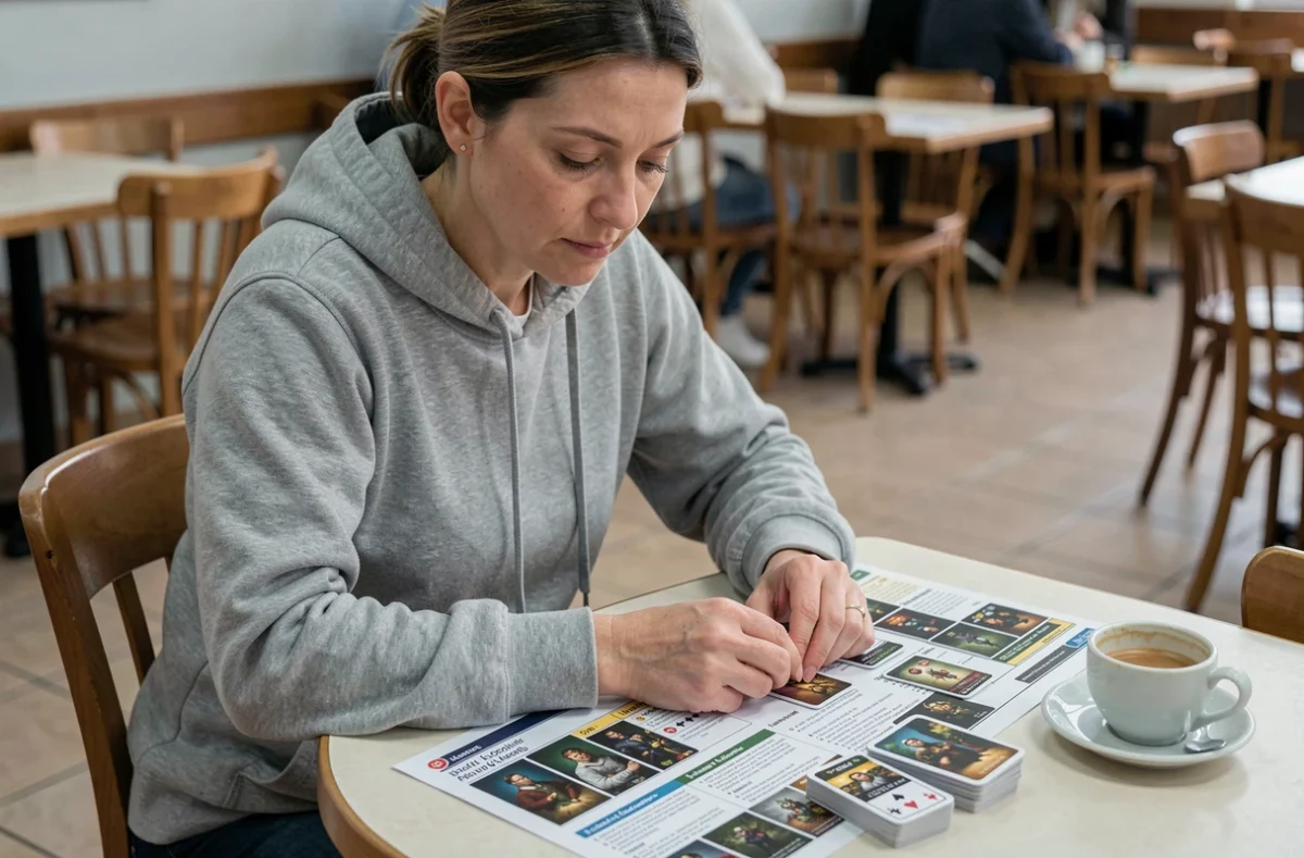 Femme adulte étudiant des stratégies de belote à deux avec des cartes étalées dans un café