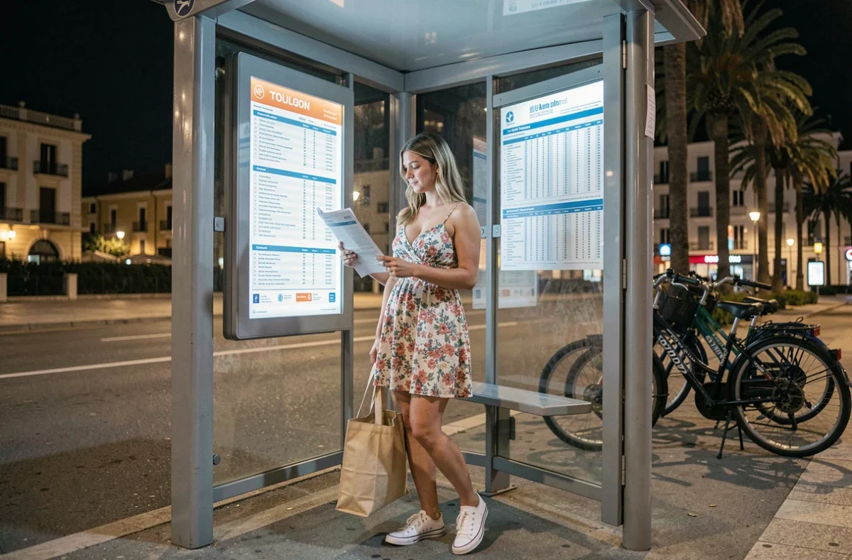 Jeune femme attendant le bus de nuit à Toulon devant un arrêt moderne, alternative à la voiture pour les sorties nocturnes