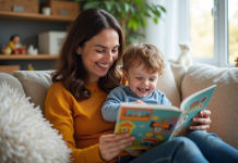 Femme souriante avec un enfant lisant un livre coloré
