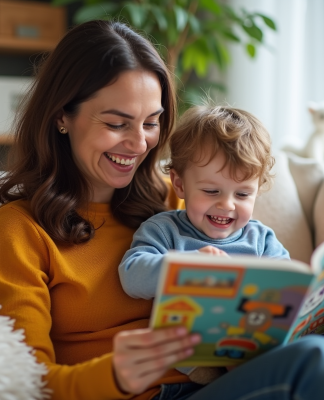 Femme souriante avec un enfant lisant un livre coloré