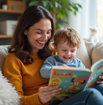 Nounou Top, trouver une garde d’enfants adaptée plus rapidement Femme souriante avec un enfant lisant un livre coloré