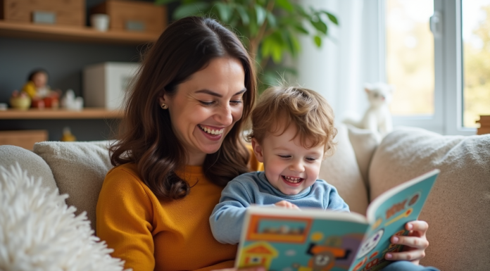 Femme souriante avec un enfant lisant un livre coloré