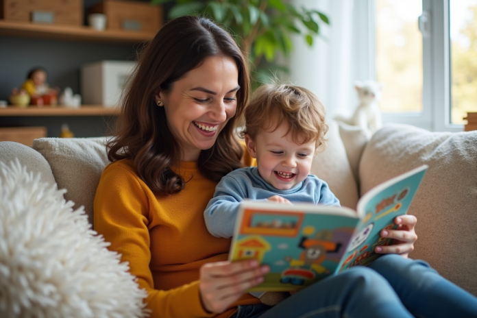 Femme souriante avec un enfant lisant un livre coloré