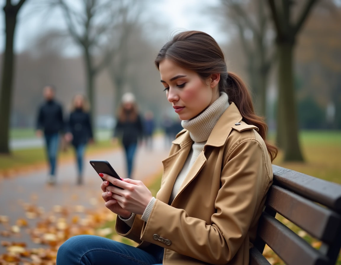 Jeune femme assise sur un banc dans un parc en automne regardant son téléphone avec une expression hésitante, symbolisant le doute et la réflexion après avoir rêvé de son ex