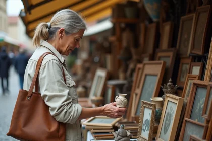 Femme habitante du nord consultant des objets anciens sur un stand de brocante en plein air