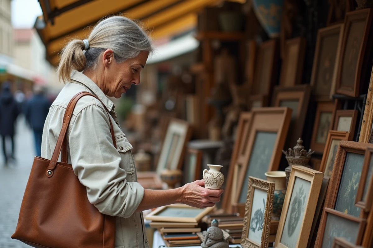 Femme habitante du nord consultant des objets anciens sur un stand de brocante en plein air