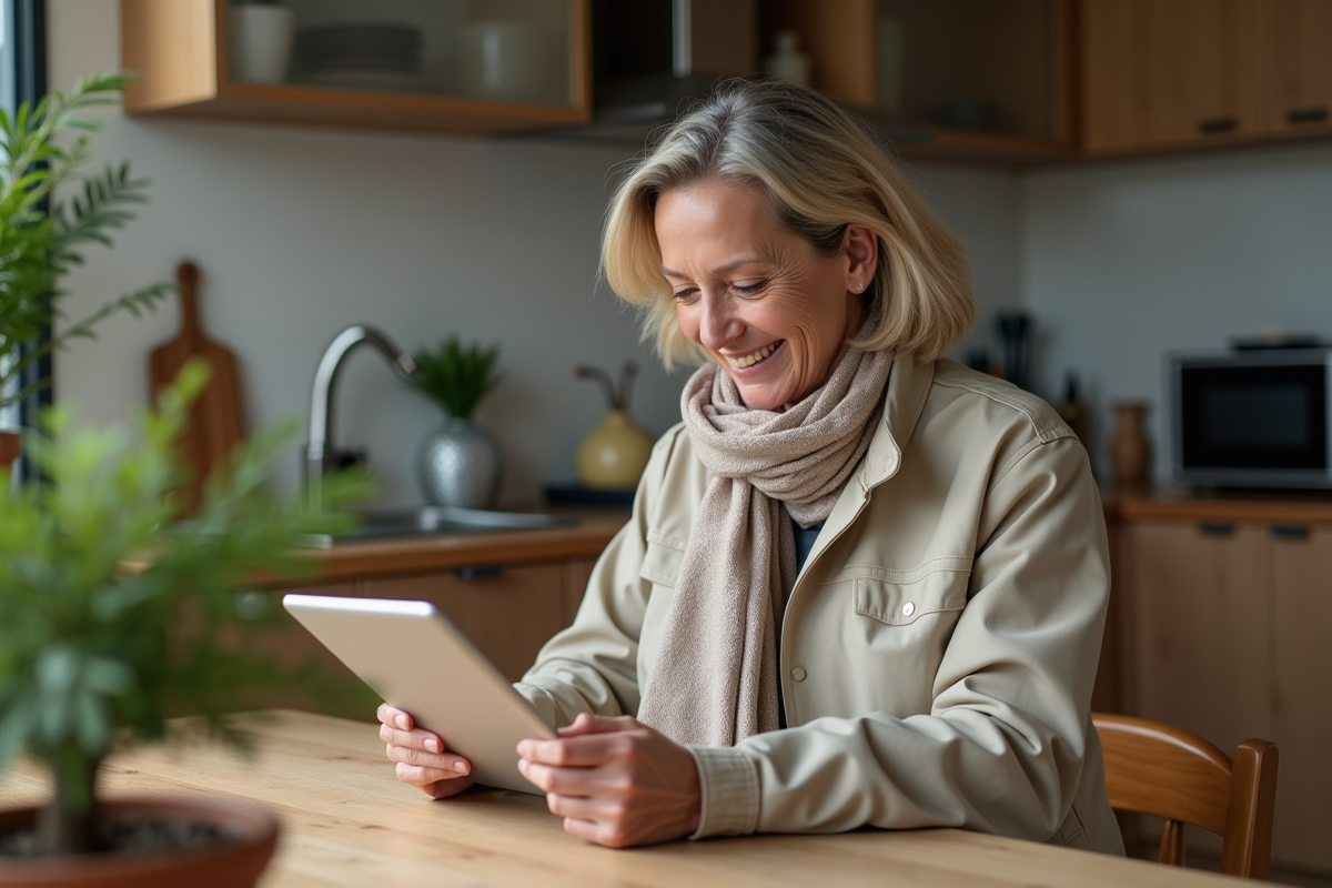 Femme souriante recherchant des scooters sur une tablette à la maison