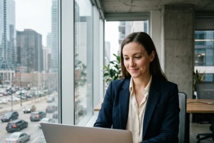 Femme en blazer regardant son ordinateur en ville