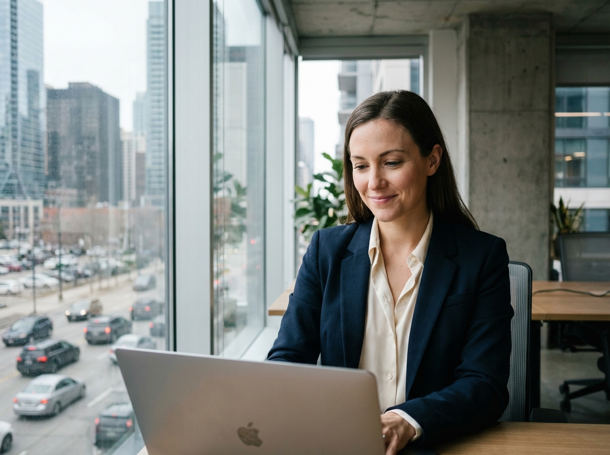 Femme en blazer regardant son ordinateur en ville