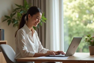 Jeune femme concentrée travaillant sur son ordinateur dans un bureau moderne