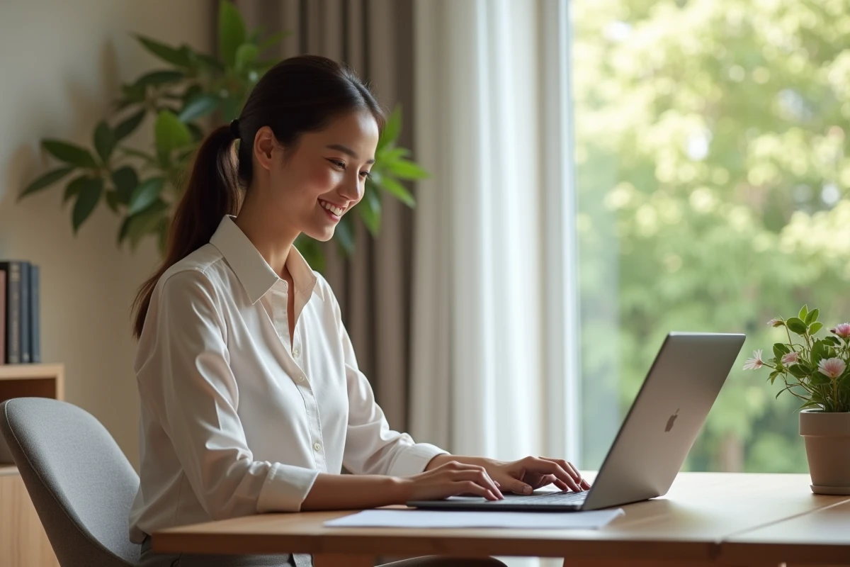 Jeune femme concentrée travaillant sur son ordinateur dans un bureau moderne