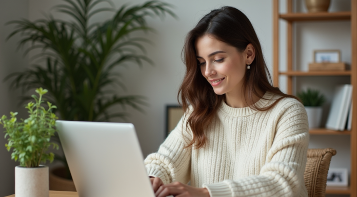 Femme détendue travaillant sur son ordinateur dans un bureau moderne