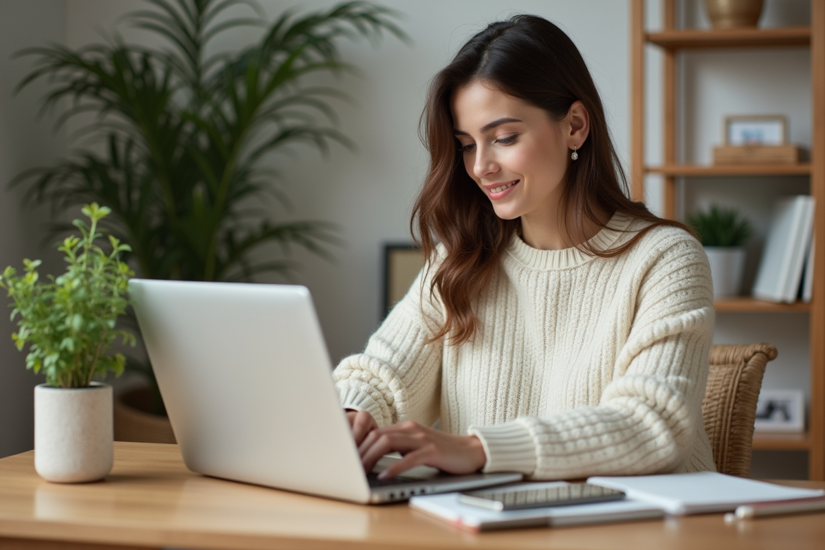 Femme détendue travaillant sur son ordinateur dans un bureau moderne
