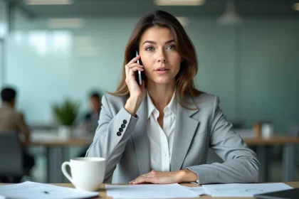 Femme professionnelle tenant son téléphone après un raccrochage au nez, exprimant une surprise calme dans un bureau moderne