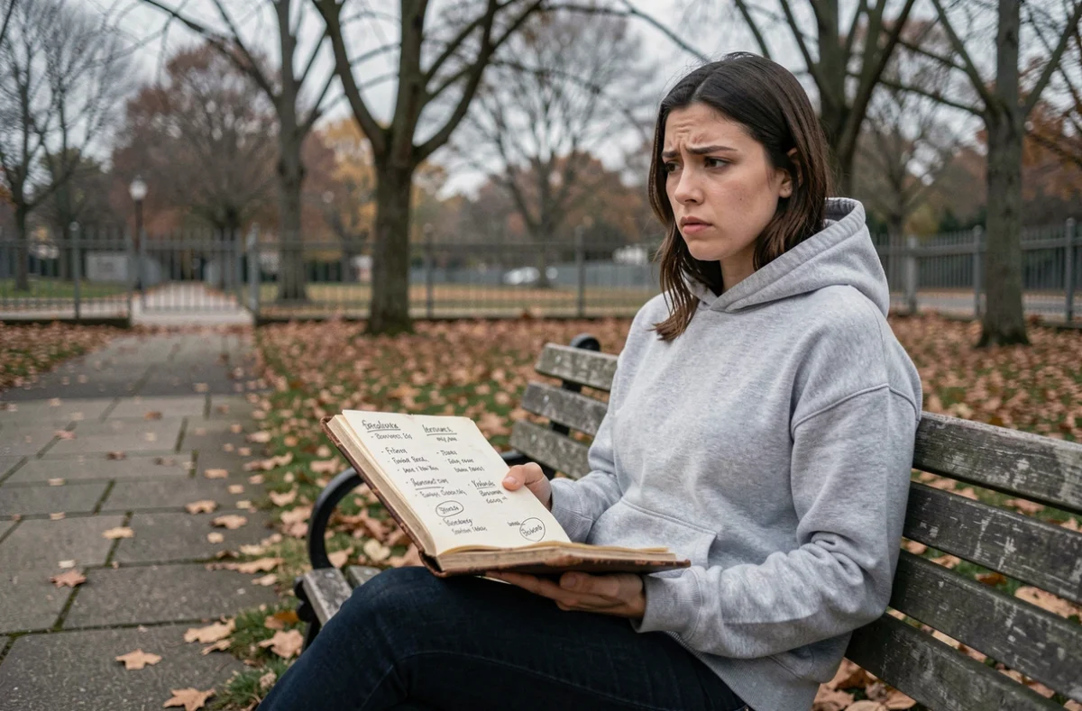 Jeune femme pensive dans un parc automnal consultant un carnet rempli de chronologies et de noms reliés à une intrigue complexe
