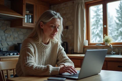 Femme assise à une table en chalet cosy entrant des dates