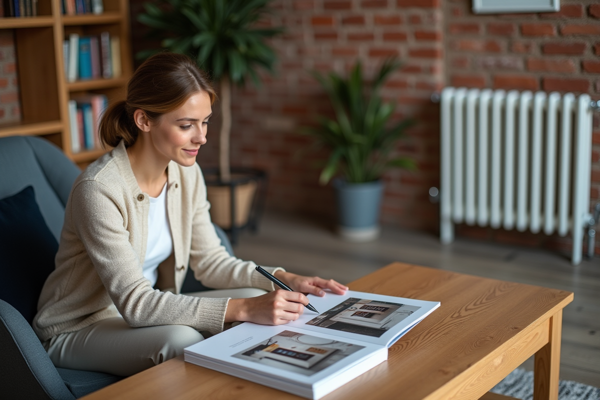 Jeune femme compare deux radiateurs dans un appartement moderne