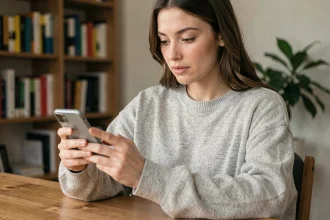 Jeune femme consultant discrètement des stories Instagram sur son smartphone à son bureau