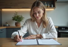 Réduire les frais d’agence immobilière : astuces et conseils pratiques ! Femme en cuisine examinant un contrat immobilier avec concentration