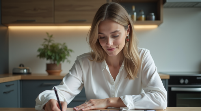Femme en cuisine examinant un contrat immobilier avec concentration