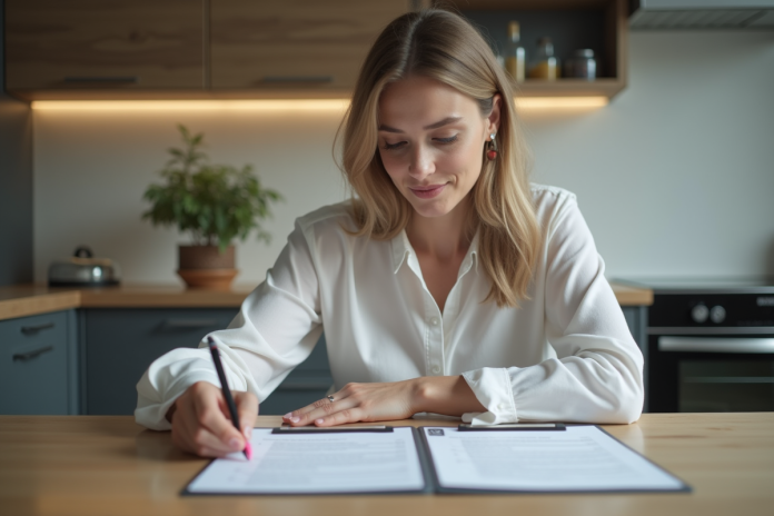 Femme en cuisine examinant un contrat immobilier avec concentration