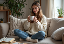 Style hygge : définition, origine et idées de décoration cozy pour adopter ce lifestyle chaleureux Femme détendue buvant une tisane dans un salon cosy scandinave